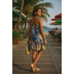 Cynthia Rowley Linen Dress Size 14 Strap Hawaiian Floral Tropical Beach Resort